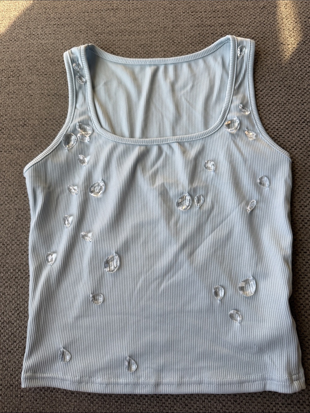 Light Blue Ribbed Scoop Neck Tank Top with Crystal Accent